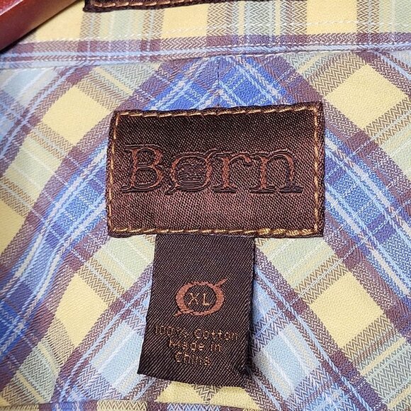 BORN cotton Yellow blue Purple grid plaid Collared button up Mens size XL - Picture 4 of 8